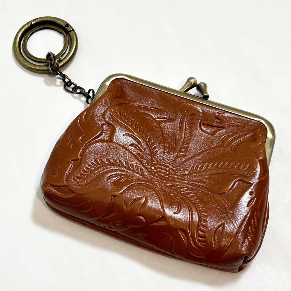 Patricia Nash 100% Genuine Leather Borse Embossed Camel Floral Coin Purse